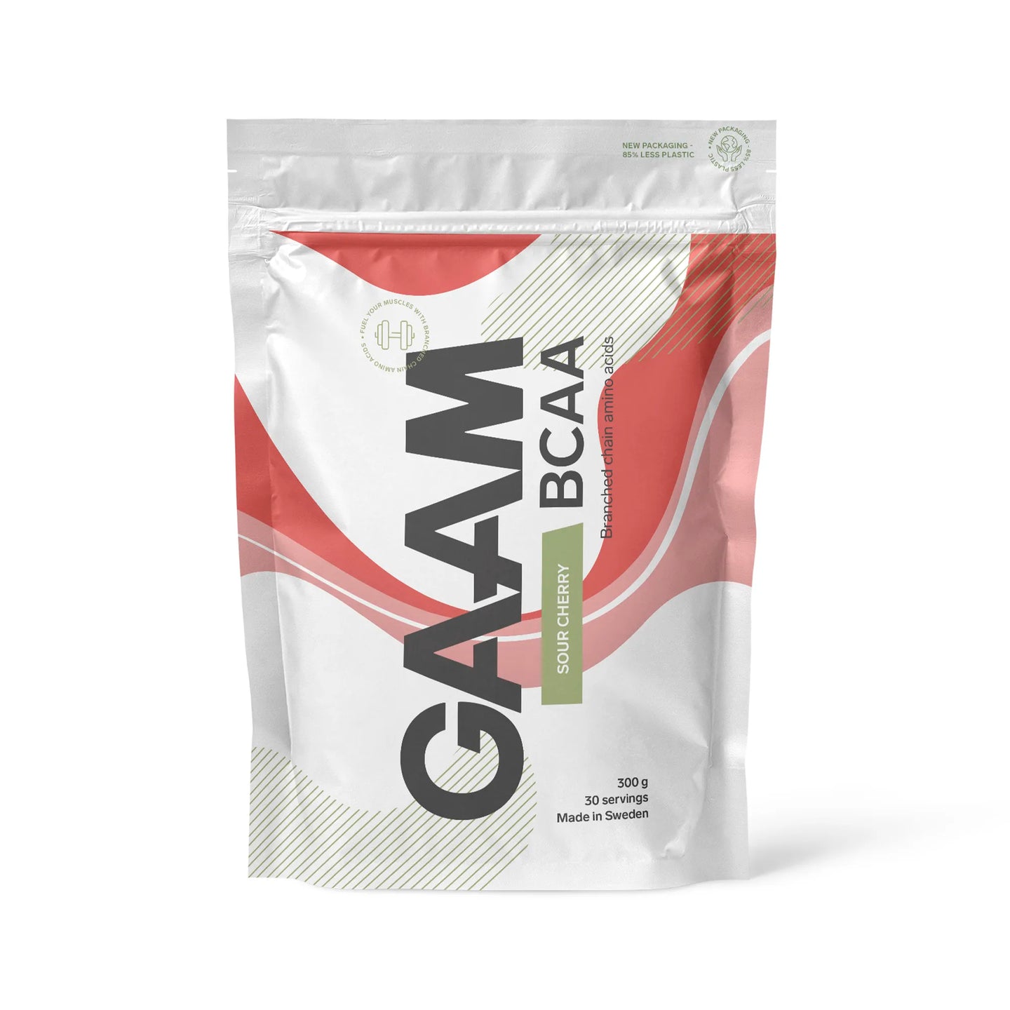 GAAM BCAA 300 g aminosyrer i en hvit pose med røde detaljer for smaken Sour Cherry.