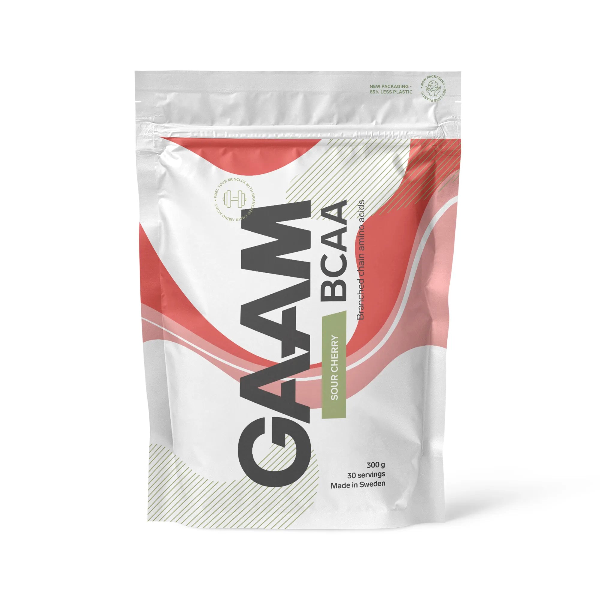 GAAM BCAA 300 g aminosyrer i en hvit pose med røde detaljer for smaken Sour Cherry.