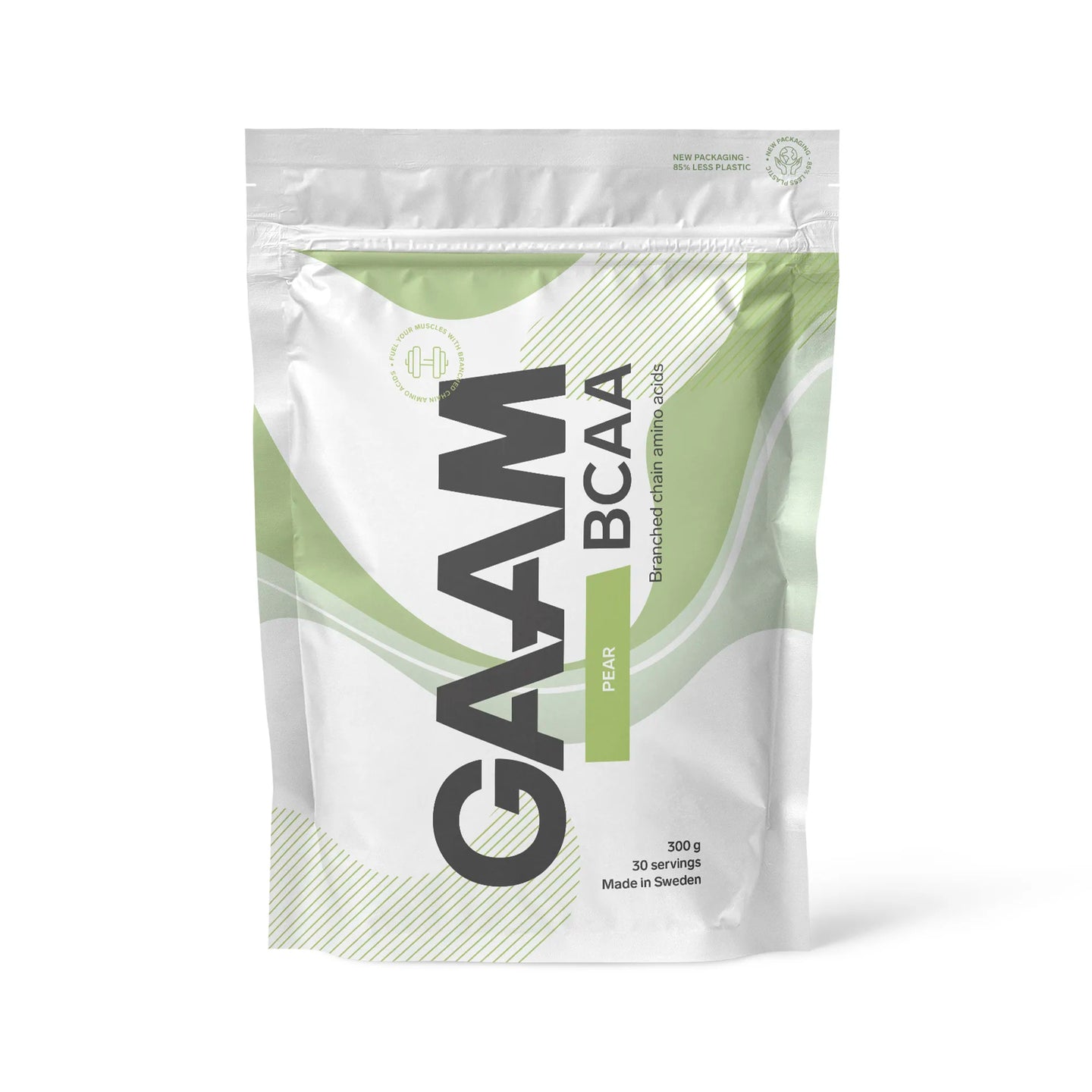 GAAM BCAA 300 g aminosyrer i en hvit pose med lysegrønne detaljer for smaken Pear.