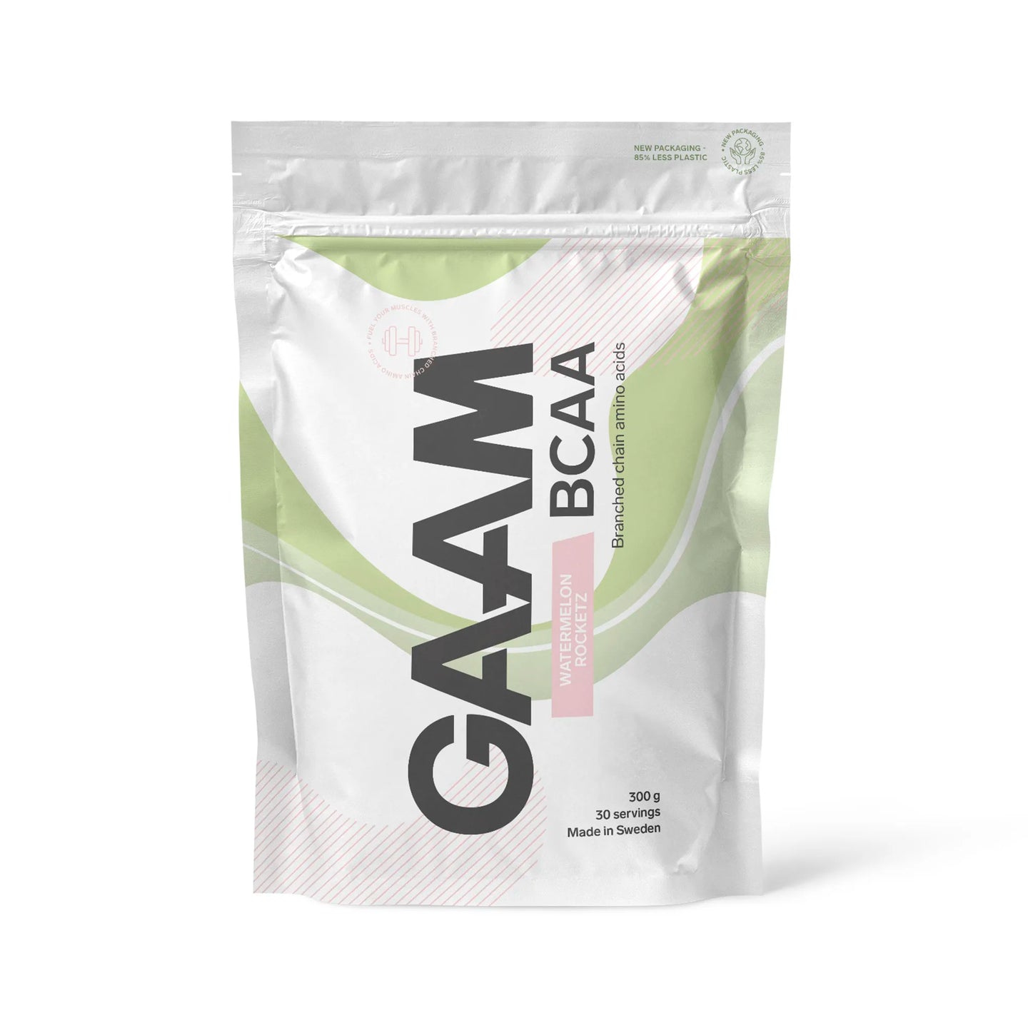 GAAM BCAA 300 g aminosyrer i en hvit pose med grønne og rosa detaljer for smaken Watermelon Rocketz.