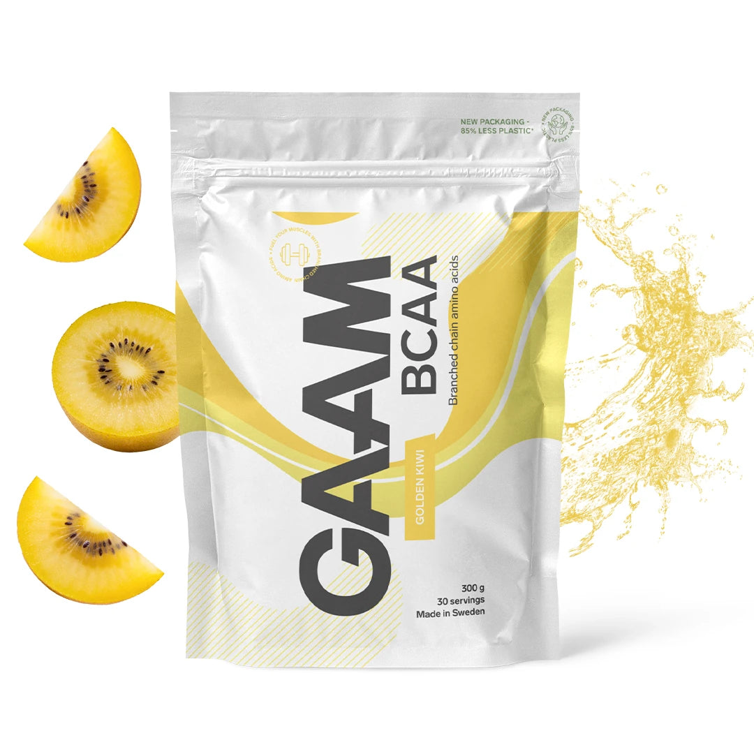 GAAM BCAA 300 g aminosyrer i en hvit pose med gule detaljer for smaken Golden Kiwi.