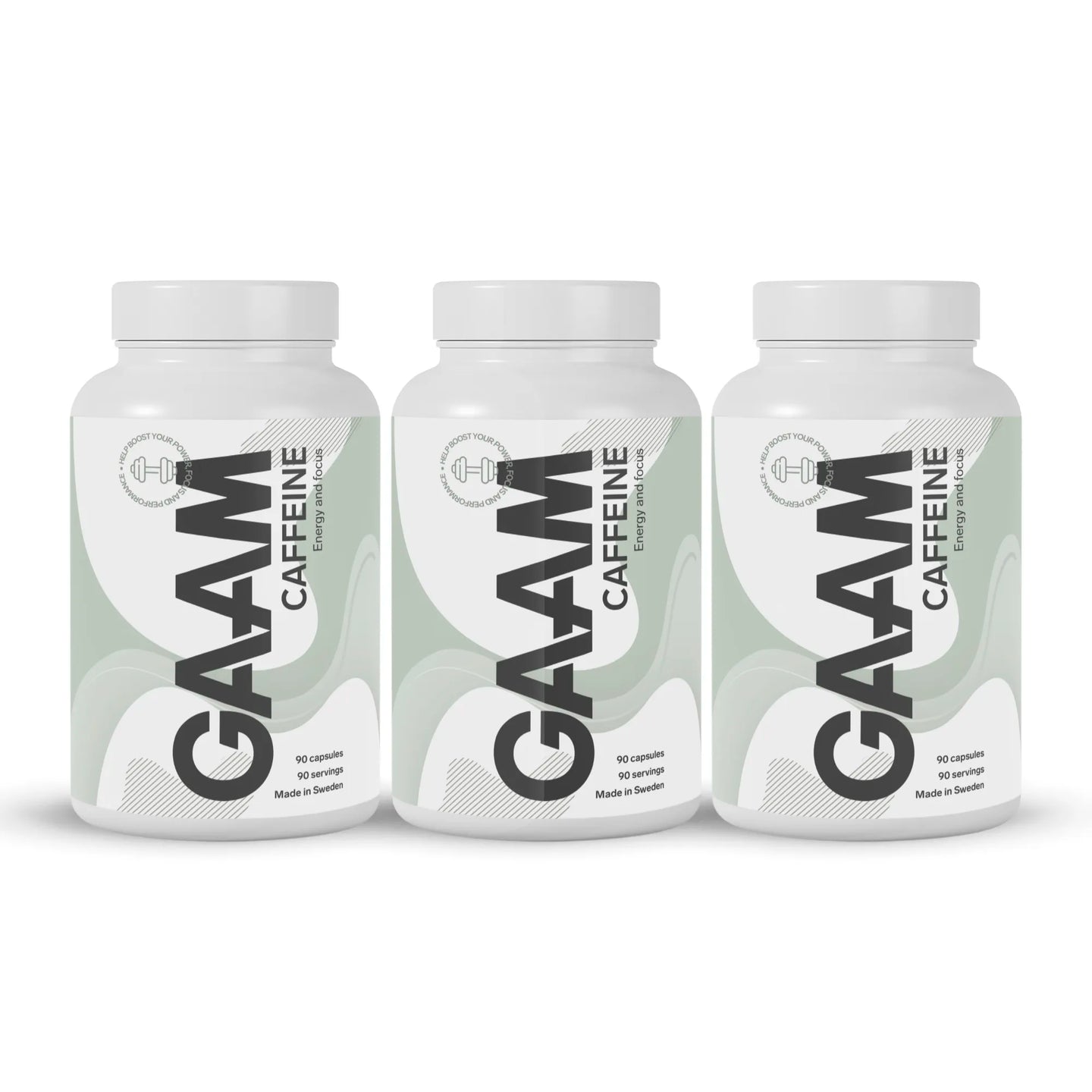 3 x GAAM Caffeine 90 tabs i tre hvite bokser med svarte bokstaver og mønster i grønne nyanser.