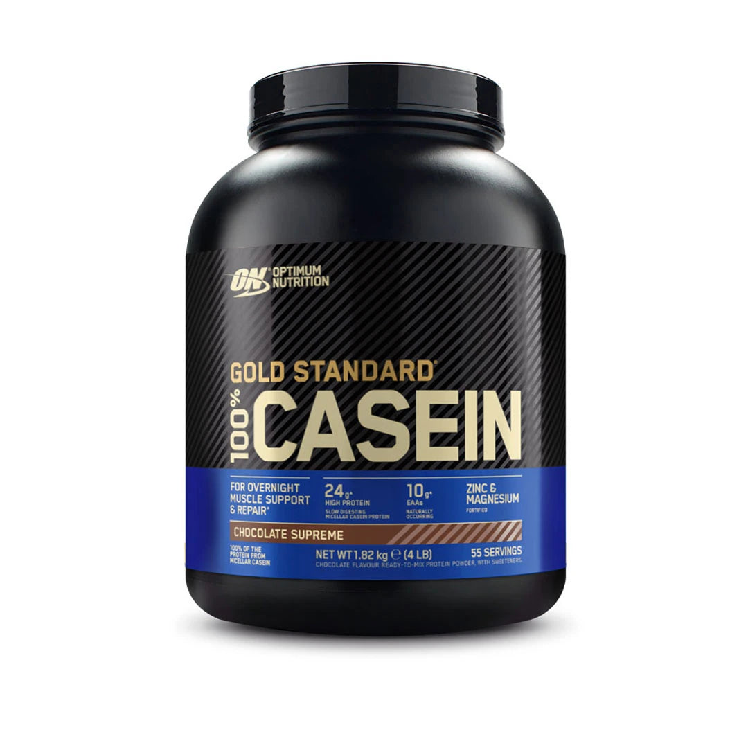 Optimum Nutrition 100% Casein Gold Standard 1.8 kg i en svart boks med blå detaljer for smaken Chocolate Supreme.