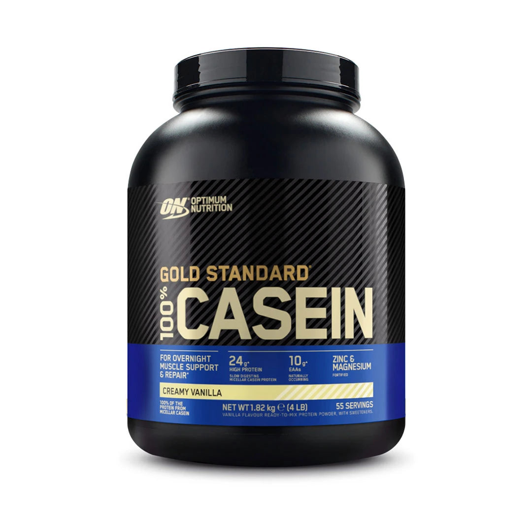 Optimum Nutrition 100% Casein Gold Standard 1.8 kg proteinpulver i svart boks med blå detaljer for smaken Creamy Vanilla., bilde 2 av 2