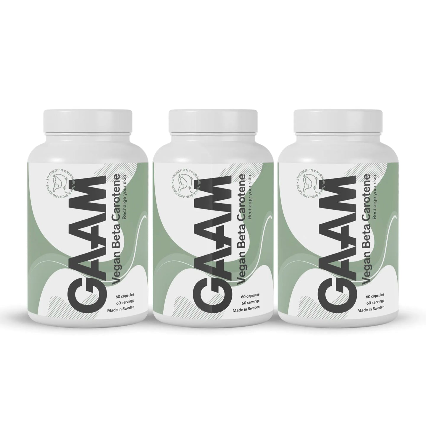 3 x GAAM Vegan Beta carotene 60 caps i tre hvite bokser med grønne detaljer og svart tekst.