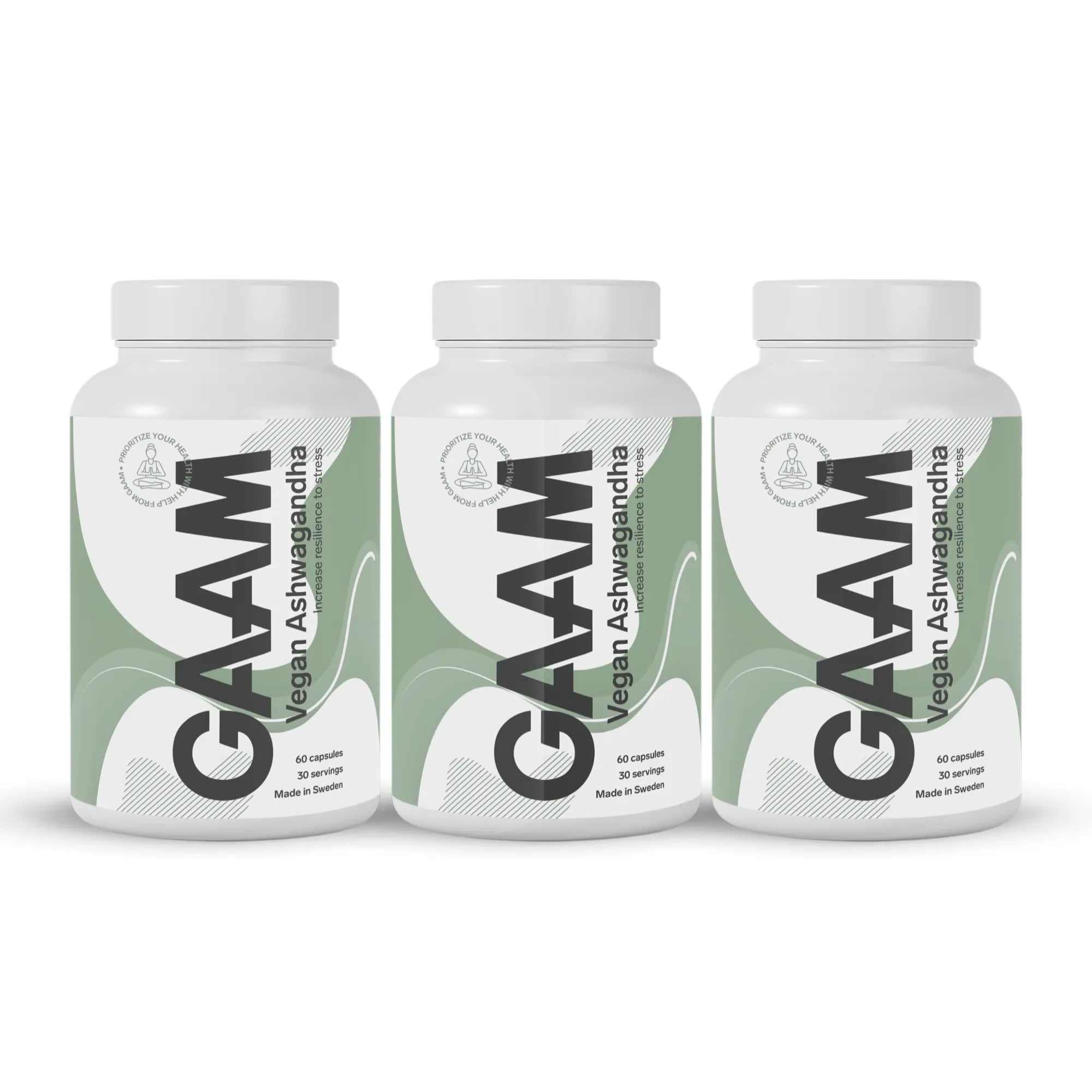 3 x GAAM Vegan Ashwagandha 60 caps i tre hvite bokser med grønne og svarte detaljer.