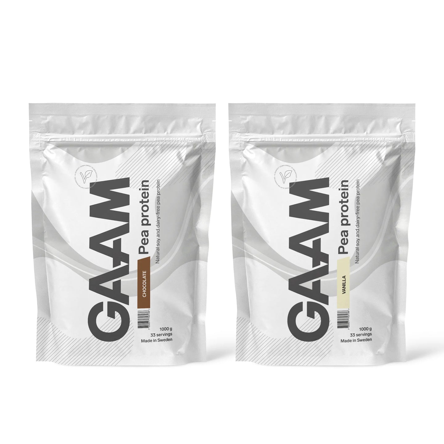 2 x GAAM Pea Protein 1 kg vegansk proteinpulver i to hvite poser for smakene Chocolate og Vanilla.
