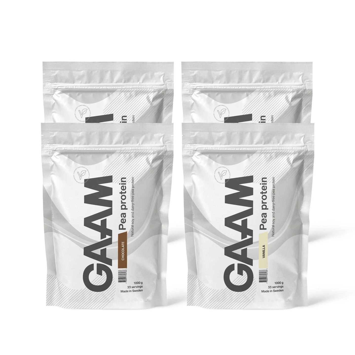 4 x GAAM Pea Protein 1 kg i hvite poser med svarte detaljer for smakene Chocolate og Vanilla.