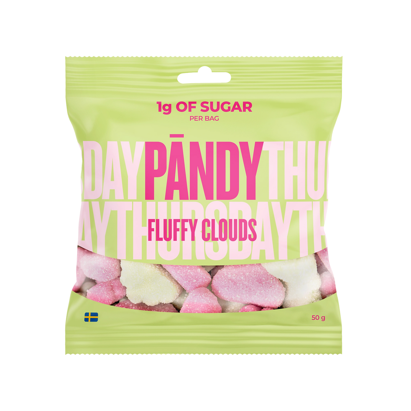 Pändy Candy 50 g Fluffy Clouds skumgodteri i en lysegrønn pose med rosa tekst for smaken markjordbær og eple., bilde 1 av 1