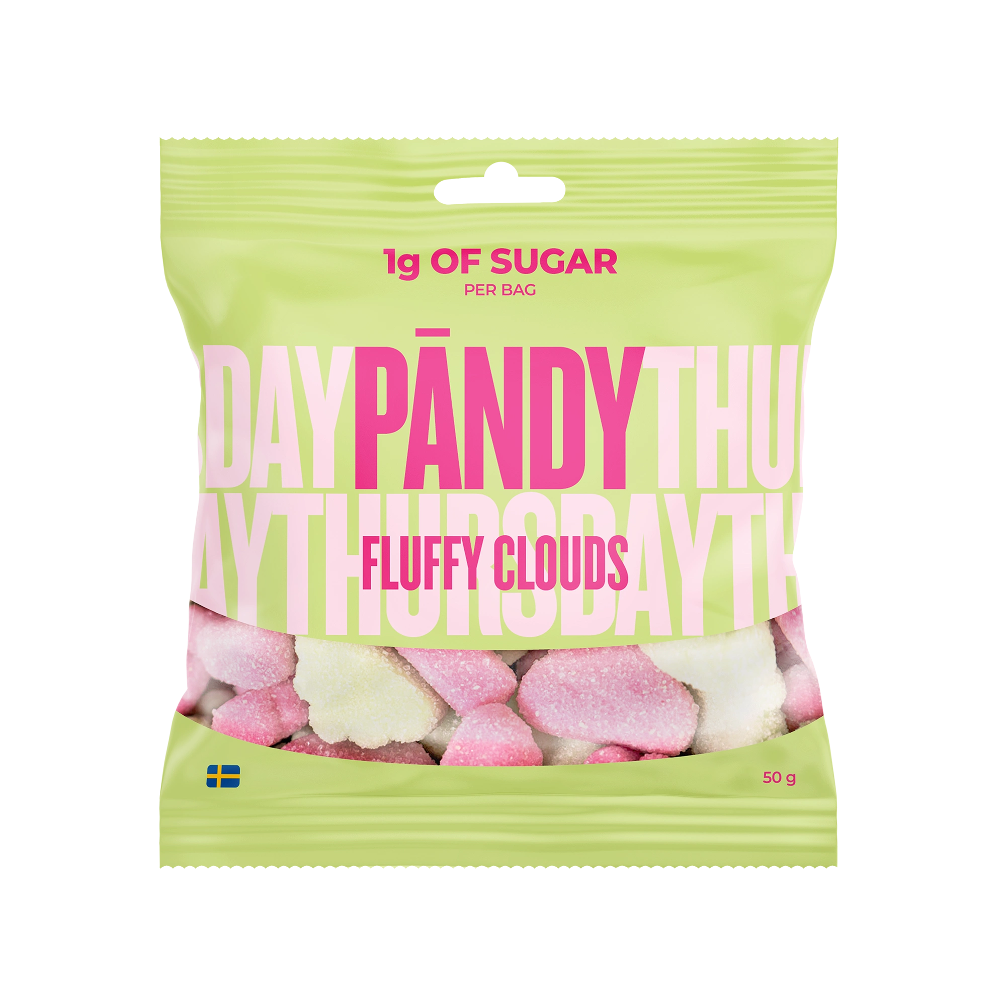 Pändy Candy 50 g Fluffy Clouds skumgodteri i en lysegrønn pose med rosa tekst for smaken markjordbær og eple., bilde 1 av 1