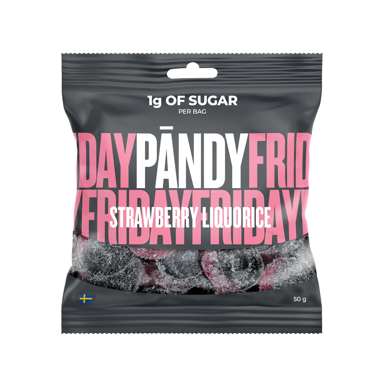 Pändy Candy 50 g gelégodteri i en mørkegrå pose med rosa tekst for smaken Strawberry/Liquorice.