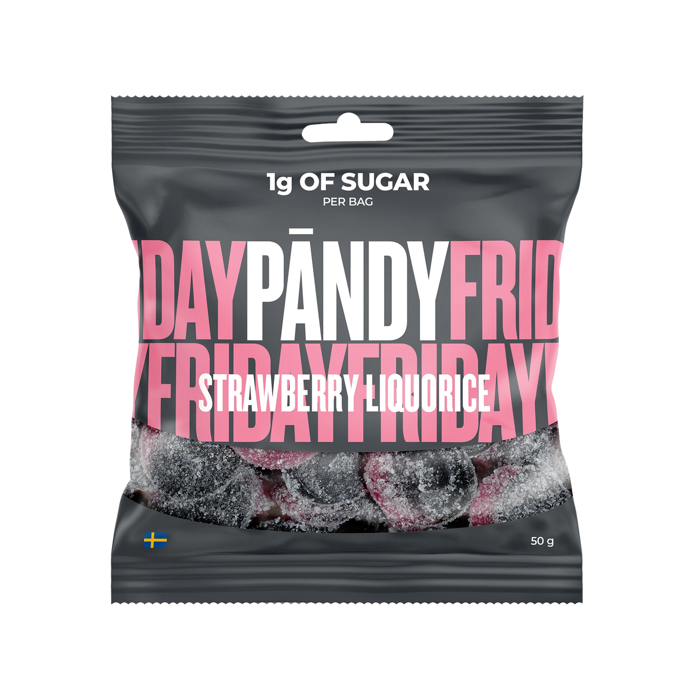 Pändy Candy 50 g gelégodteri i en mørkegrå pose med rosa tekst for smaken Strawberry/Liquorice., bilde 1 av 1