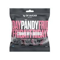 Pändy Candy 50 g gelégodteri i en mørkegrå pose med rosa tekst for smaken Strawberry/Liquorice.