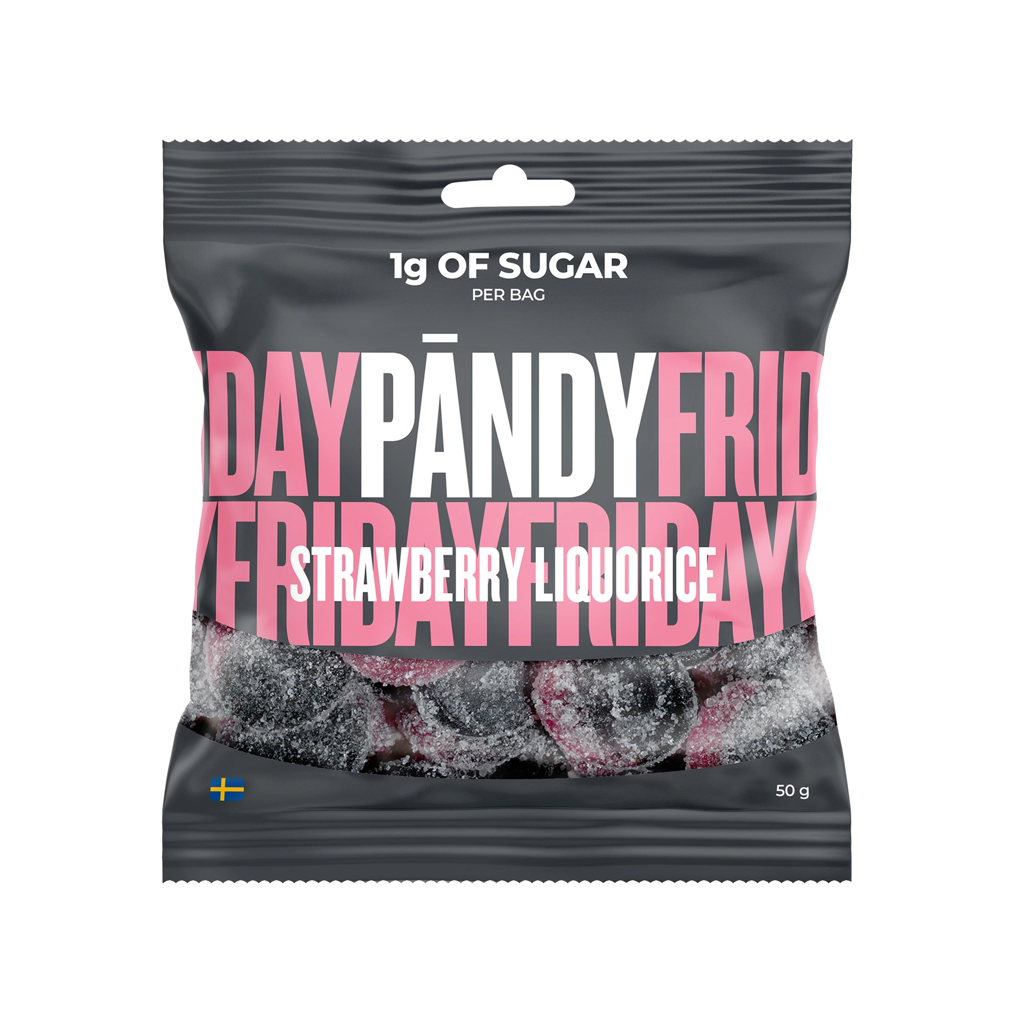 Pändy Candy 50 g gelégodteri i en mørkegrå pose med rosa tekst for smaken Strawberry/Liquorice., bilde 1 av 1