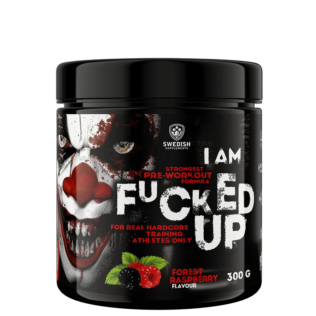 Swedish Supplements Fu*ked up Joker Edition PWO 300 g i en svart boks med jokermotiv for smaken Forest Raspberry.