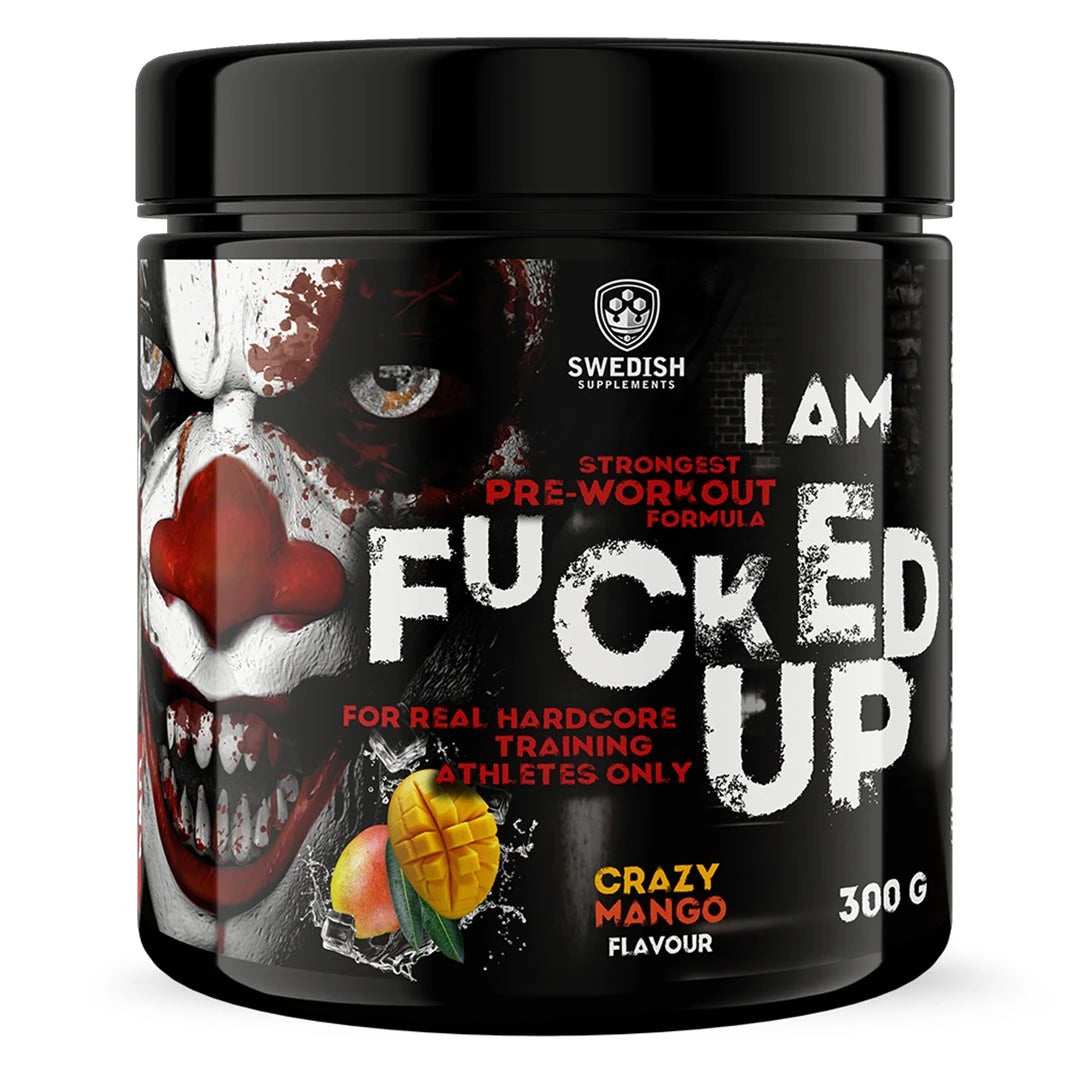 Swedish Supplements Fu*ked up Joker Edition PWO 300 g i en svart boks med jokermotiv for smaken Crazy Mango., bilde 3 av 8