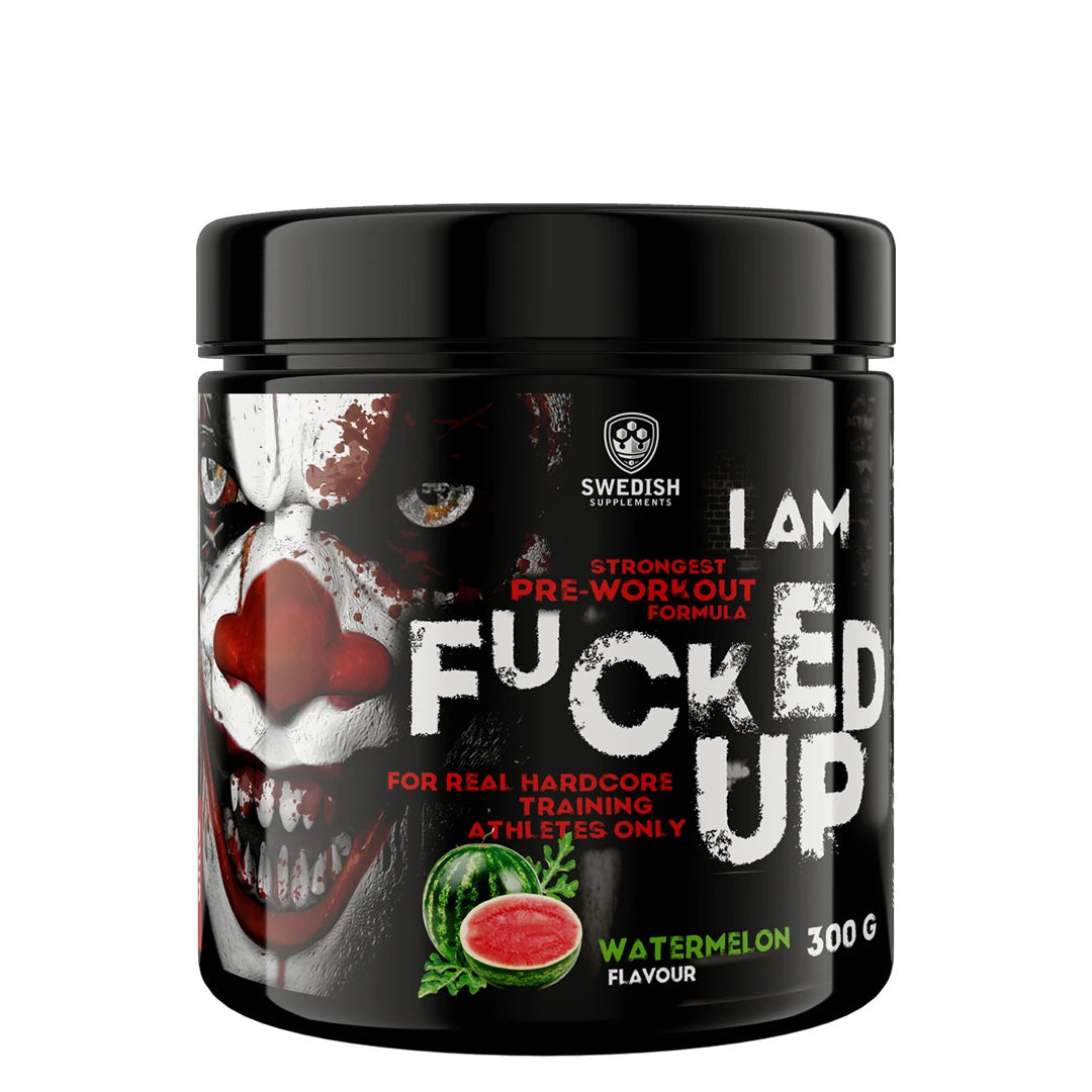 Swedish Supplements Fu*ked up Joker Edition PWO 300 g i en svart boks med et klovnemotiv for smaken Watermelon.