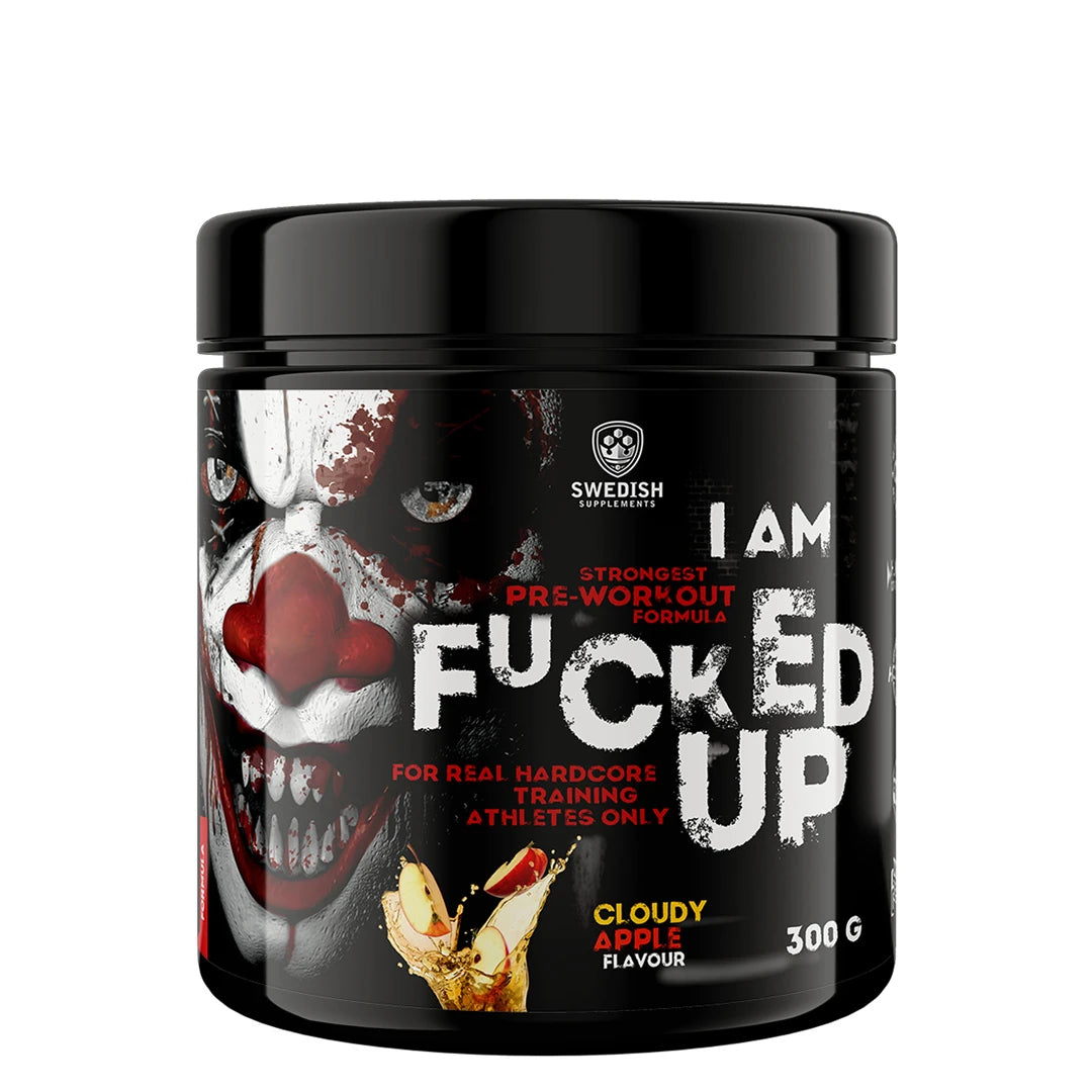 Swedish Supplements Fu*ked up Joker Edition PWO 300 g i en svart boks med klovnemotiv og epler for smaken Cloudy Apple., bilde 5 av 8