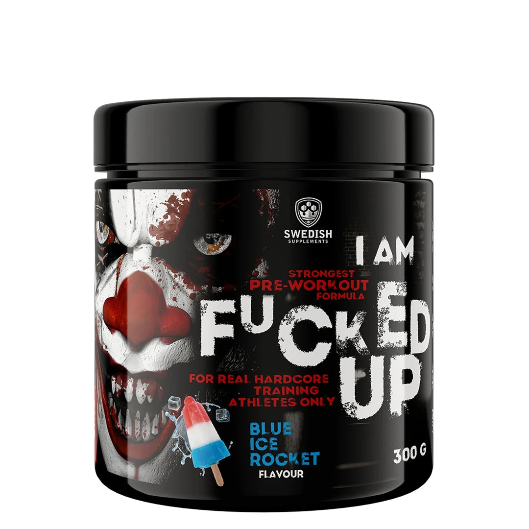 Swedish Supplements Fu*ked up Joker Edition PWO 300 g i en svart boks med klovnemotiv for smaken Blue Ice Rocket., bilde 7 av 8