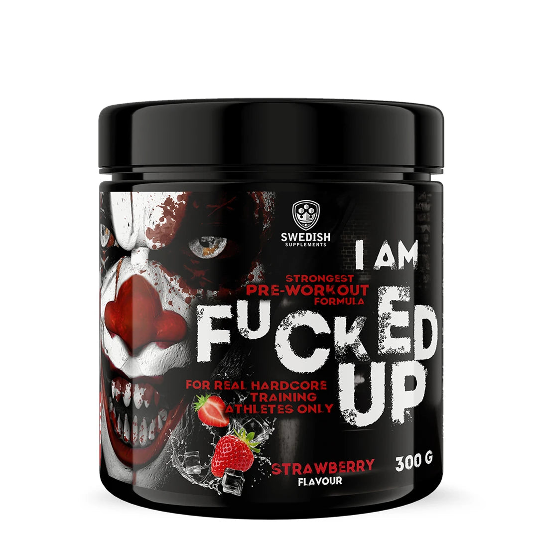 Swedish Supplements Fu*ked up Joker Edition PWO 300 g i en svart boks med jokermotiv og jordbær for smaken Strawberry., bilde 8 av 8
