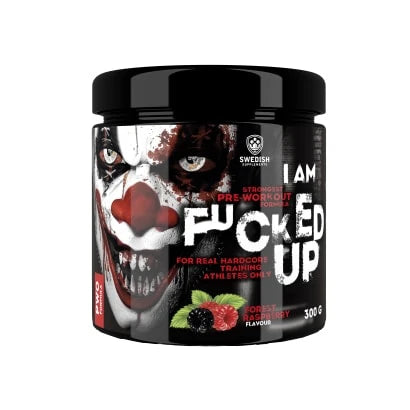 Swedish Supplements Fu*ked up Joker Edition PWO 300 g i en svart boks med jokeransikt og smaken Forest Raspberry.