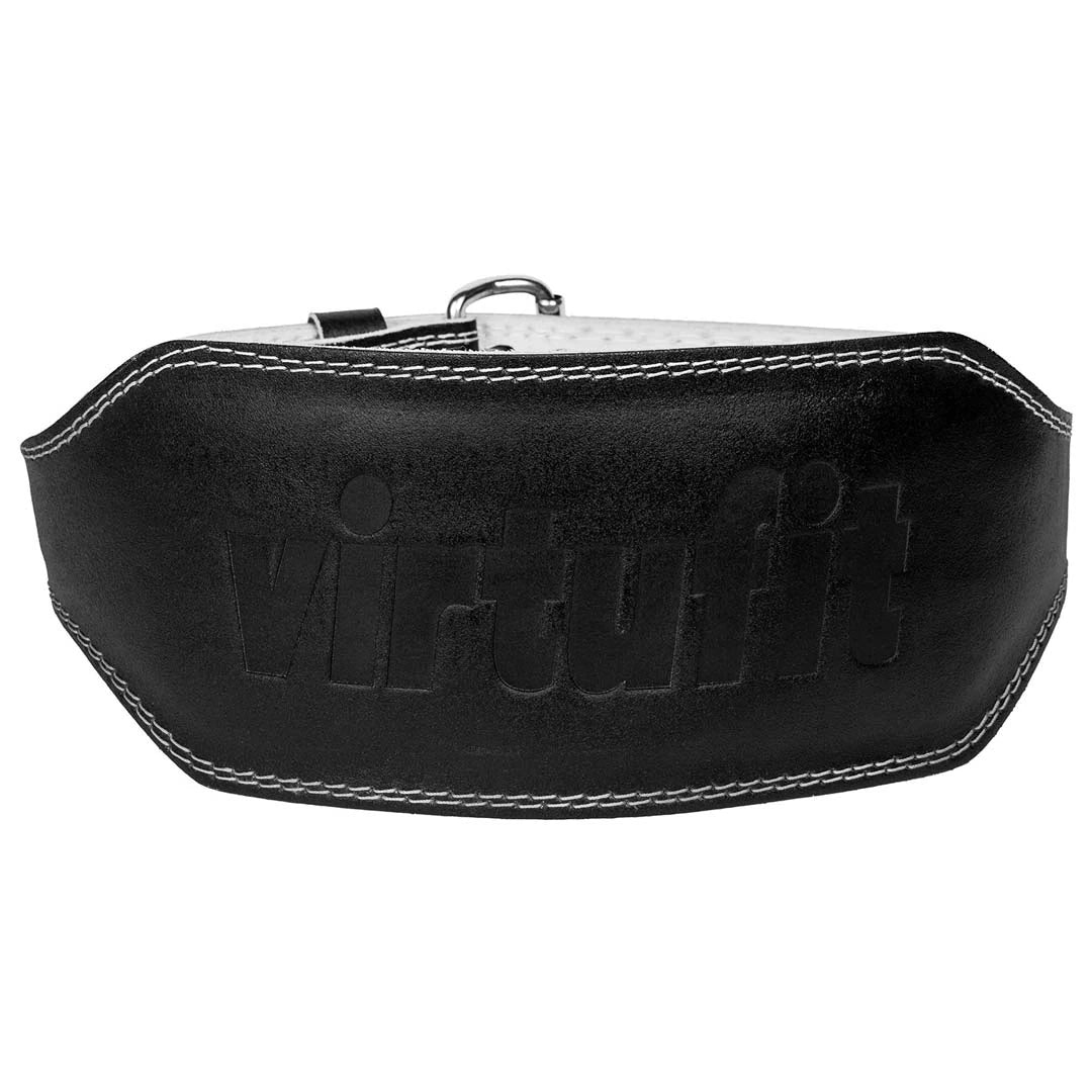 Virtufit Lifting Belt Pro Black treningsbelte i svart lær med preget logo og lyse kontrastsømmer.