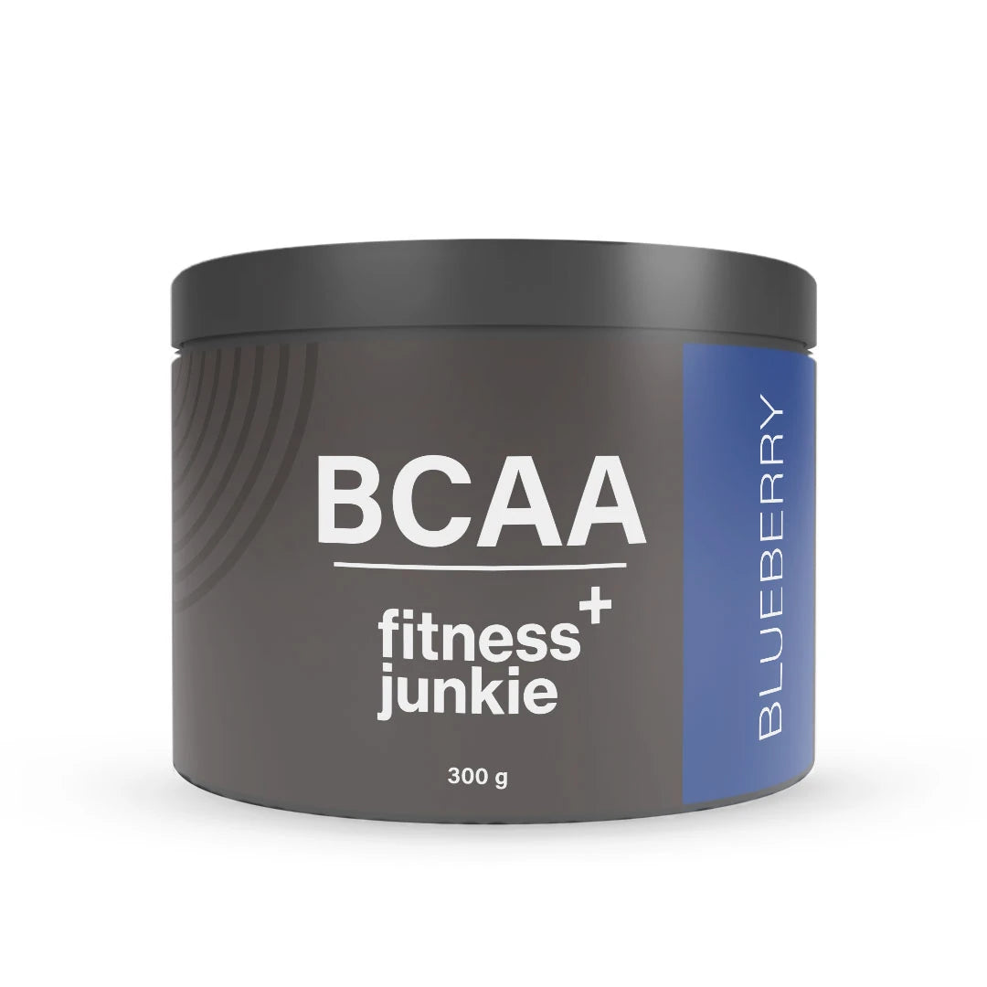 fitnessjunkie BCAA 300 g aminosyrer i pulverform, mørkegrå boks med blå detaljer for smaken Blueberry.