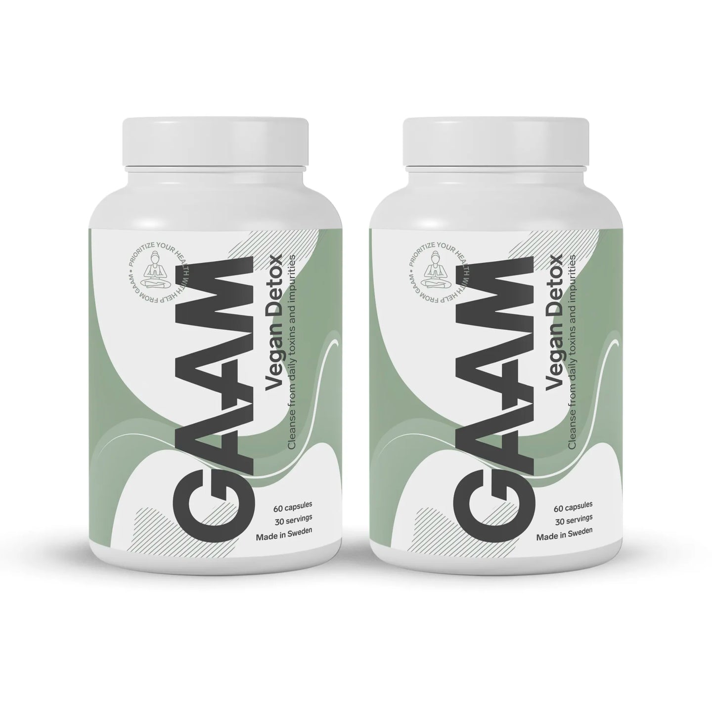 2 x GAAM Vegan Detox 60 caps i to hvite bokser med grønt mønster og svart tekst.