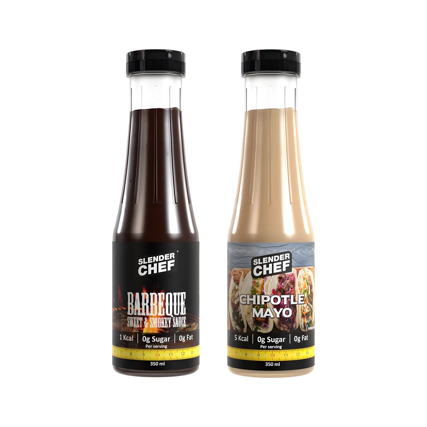 2 x Slender Chef Sauce 350 ml i to ulike smaker oppstilt ved siden av hverandre: Barbeque Sweet & Smokey og Chipotle Mayo.