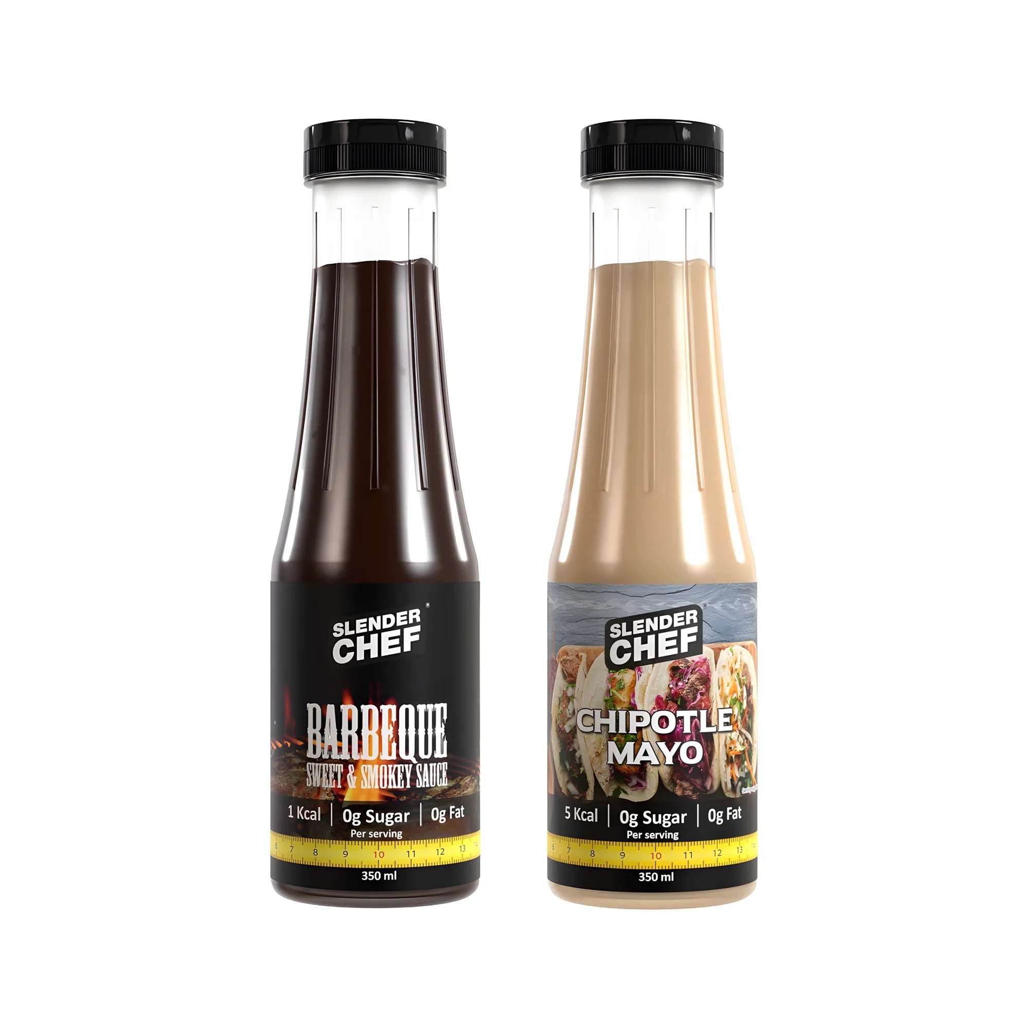 2 x Slender Chef Sauce 350 ml i to ulike smaker oppstilt ved siden av hverandre: Barbeque Sweet & Smokey og Chipotle Mayo.