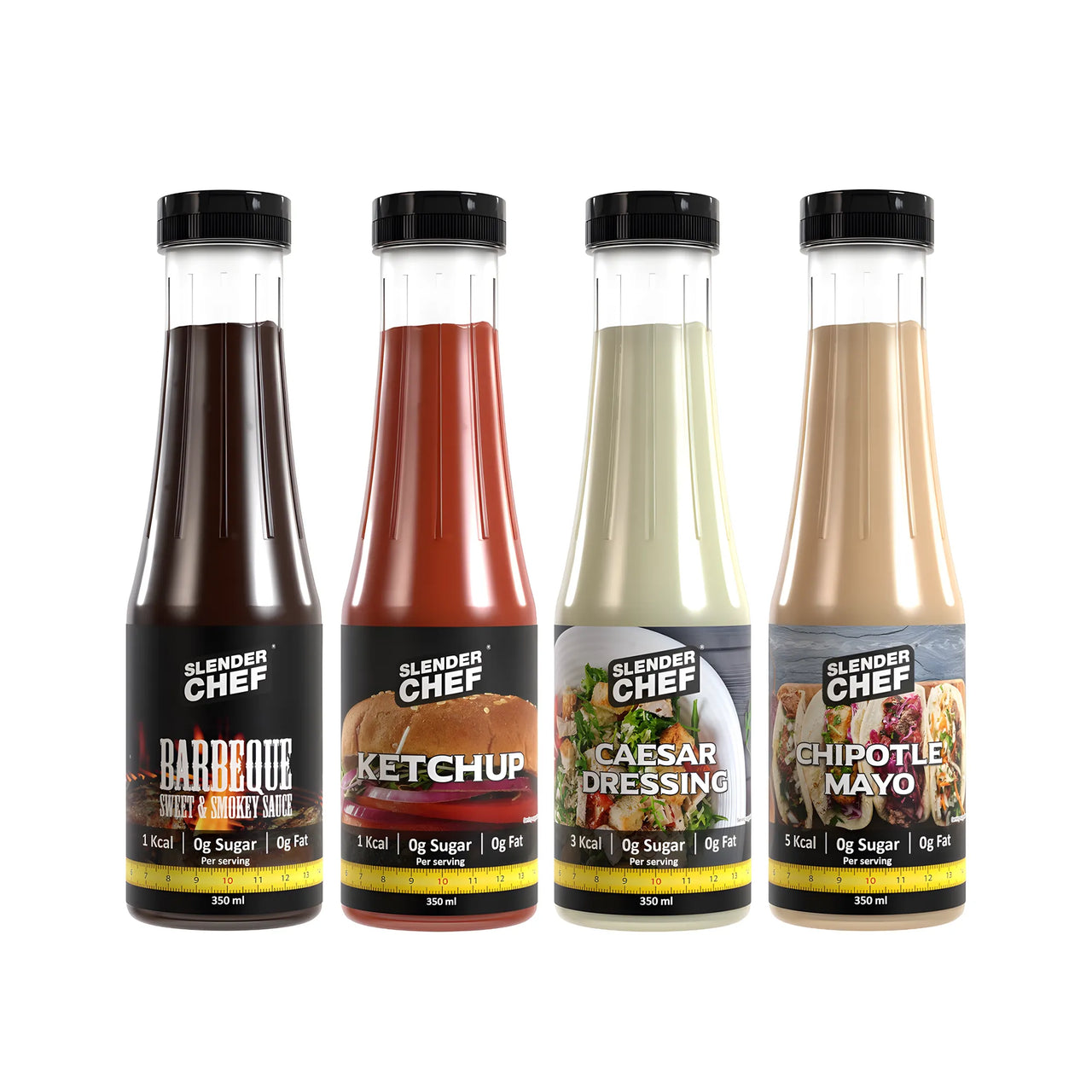 4 x Slender Chef Sauce 350 ml med fire ulike lavkalorisauser i gjennomsiktige plastflasker med svarte lokk.