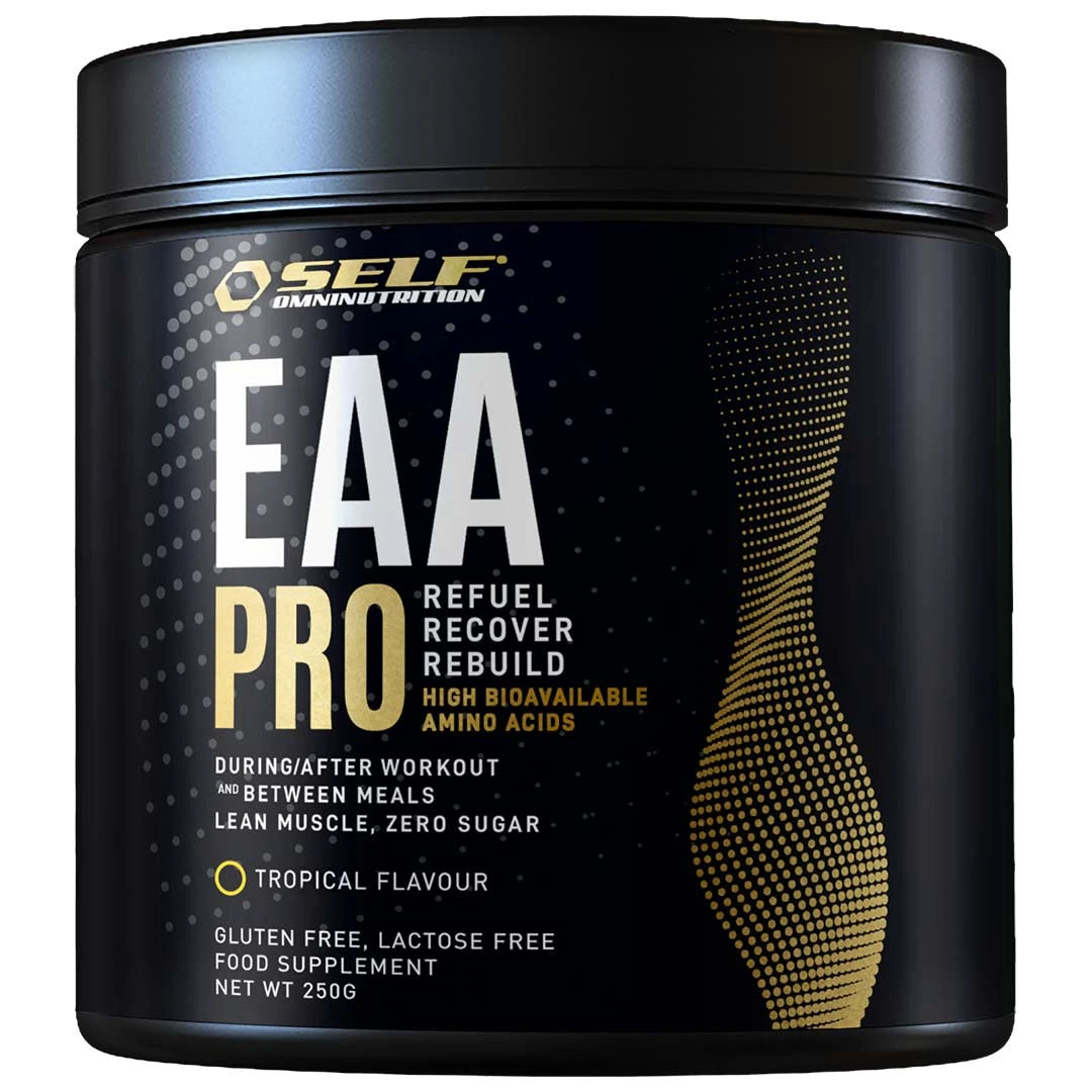 Self Omninutrition EAA Pro 250 g aminosyrer i en svart boks med gulldetaljer i smaken Tropical Flavour.