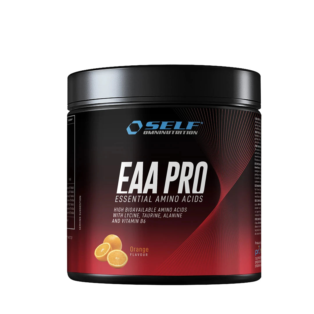 Self Omninutrition EAA Pro 200 g aminosyrer i en svart boks med røde detaljer for smaken Orange.
