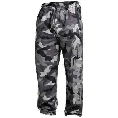 GASP Original Mesh Pants Tactical Camo, grå kamuflasjemønstrede treningsbukser i mesh med stor logo langs benet., bilde 1 av 5