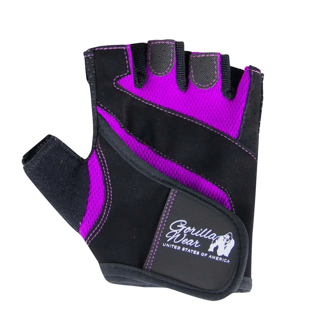 Gorilla Wear Womens Fitness Gloves Black/Purple, en svart treningshanske med lilla mesh og borrelås.
