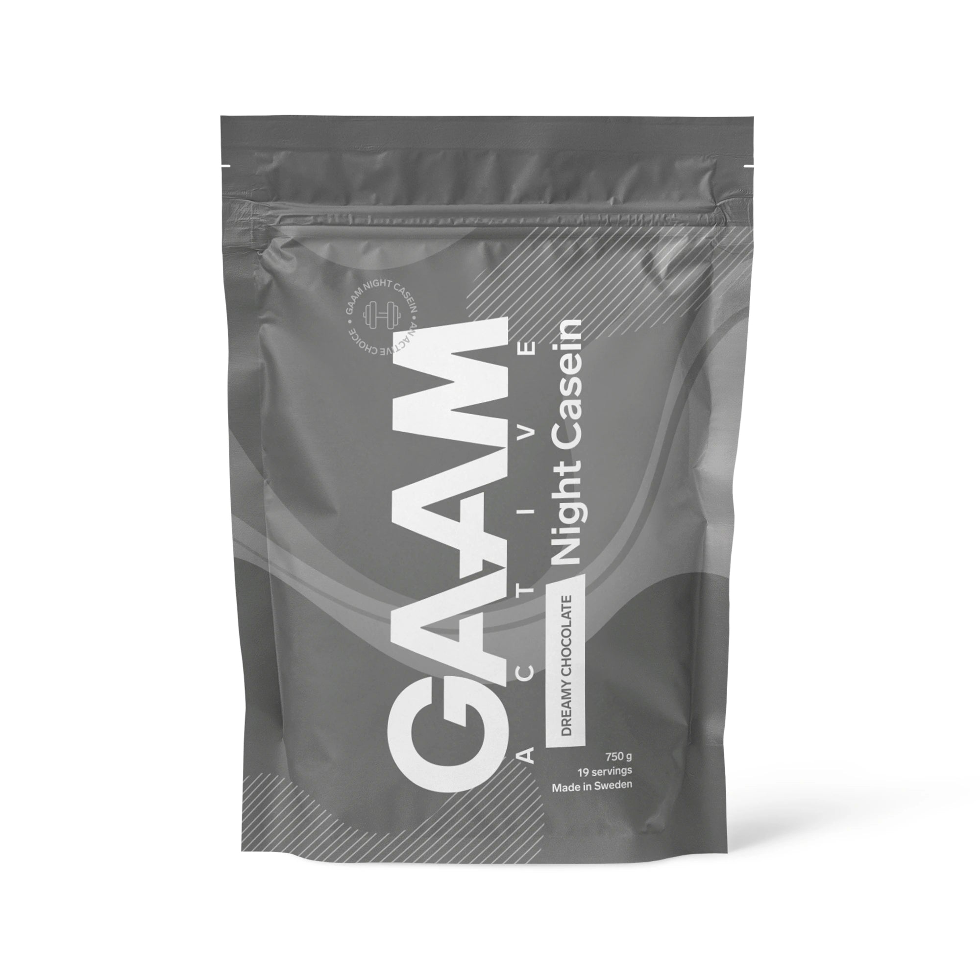GAAM Active Night Casein 750 g kaseinprotein i en mørkegrå pose med smaken Dreamy Chocolate., bilde 1 av 3
