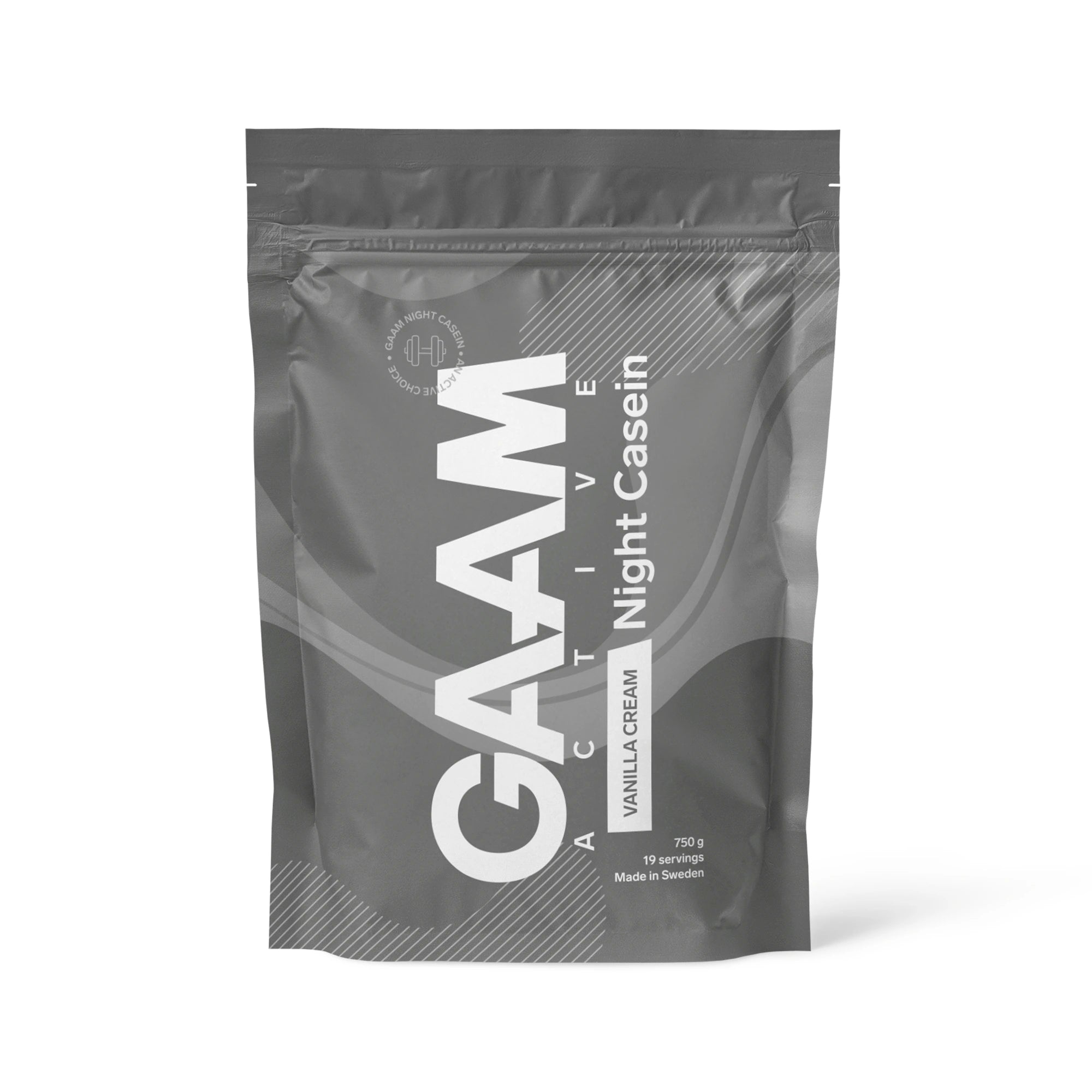 GAAM Active Night Casein 750 g kaseinprotein i en mørkegrå pose med hvit tekst for smaken Vanilla Cream., bilde 2 av 3