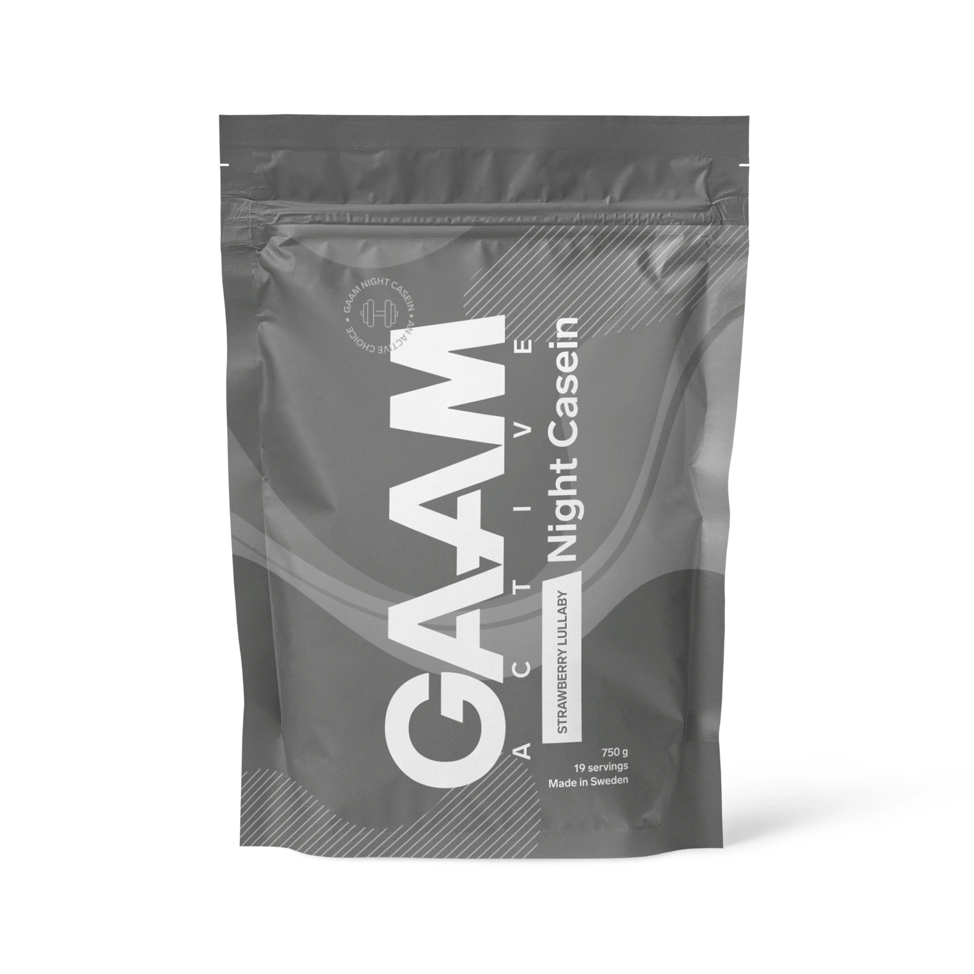 GAAM Active Night Casein 750 g proteinpulver i en mørkegrå pose for smaken Strawberry Lullaby., bilde 3 av 3