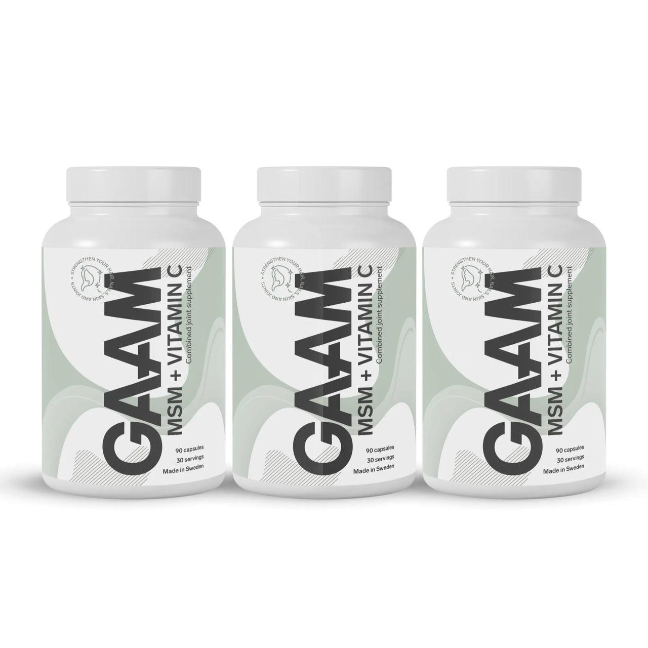 3 x GAAM MSM + Vitamin C 90 caps i tre hvite plastbokser med lysegrønne detaljer og svart tekst.