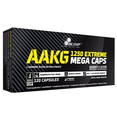 Olimp AAKG Extreme Mega Caps 120 caps kosttilskudd i en svart eske med gul og hvit tekst.