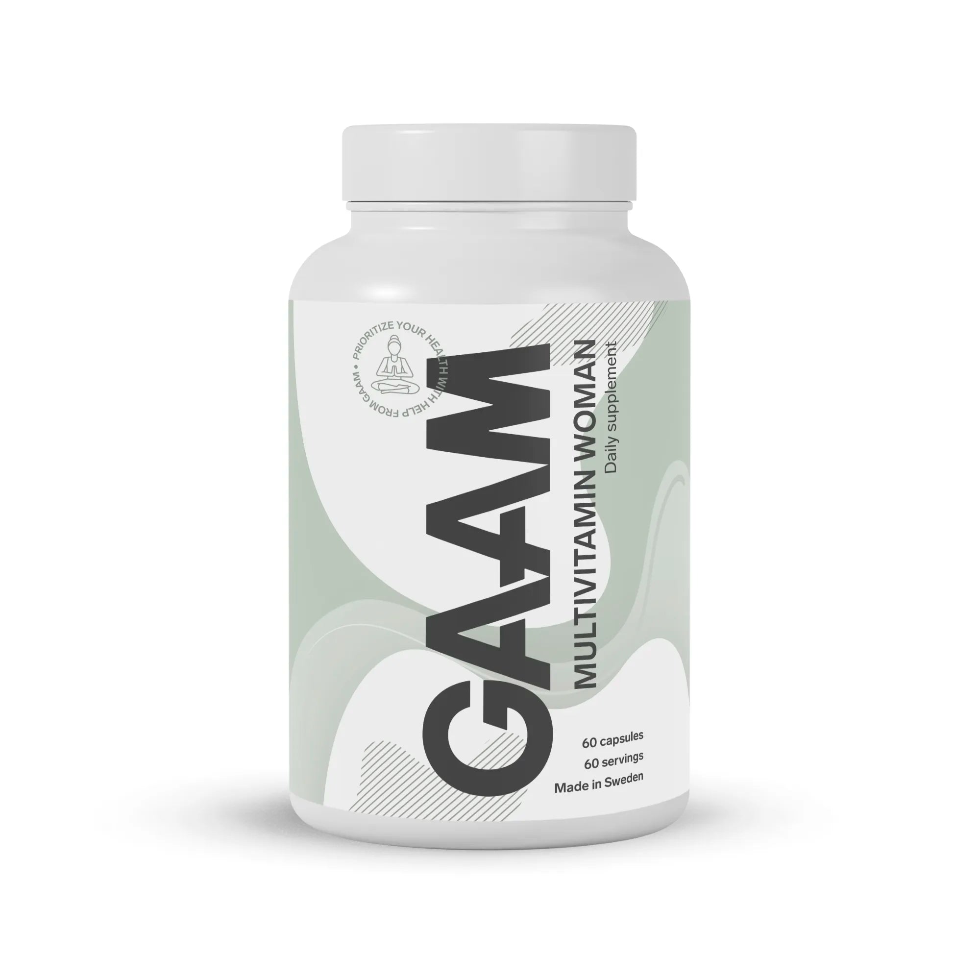 GAAM Multivitamin Woman 60 caps i en hvit boks med grønn og hvit etikett, et kosttilskudd for kvinner.