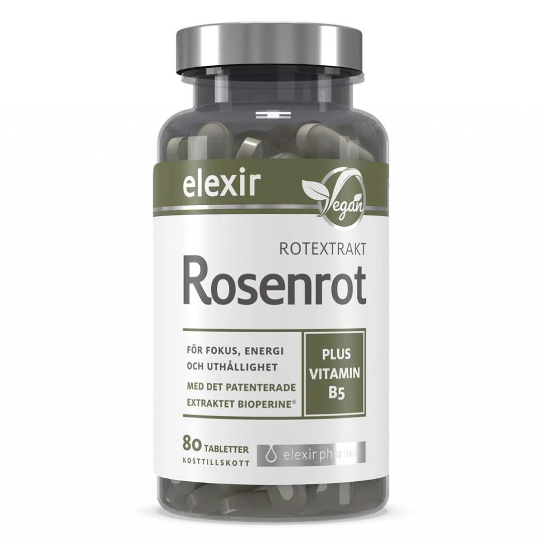 Elexir Pharma Rosenrot 80 tabs i en gjennomsiktig boks med hvit og grønn etikett og vegansymbol.