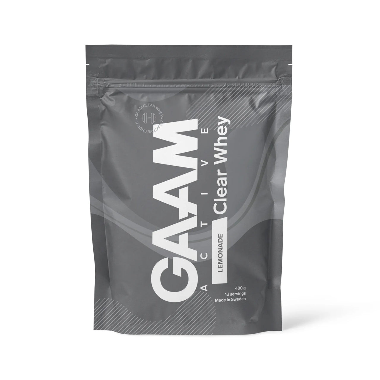 GAAM Active Clear Whey 400 g proteinpulver i en grå pose med hvite detaljer for smaken Lemonade.