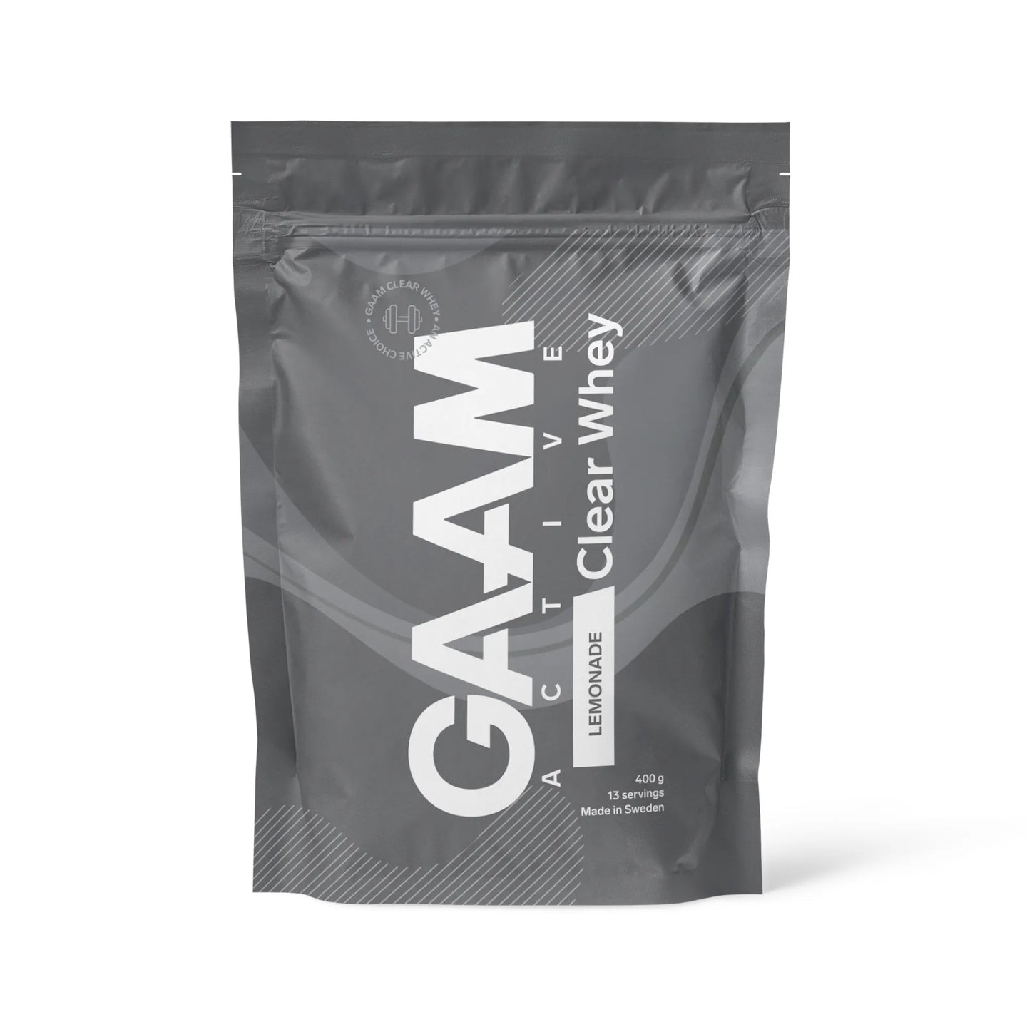 GAAM Active Clear Whey 400 g proteinpulver i en grå pose med hvite detaljer for smaken Lemonade., bilde 1 av 2