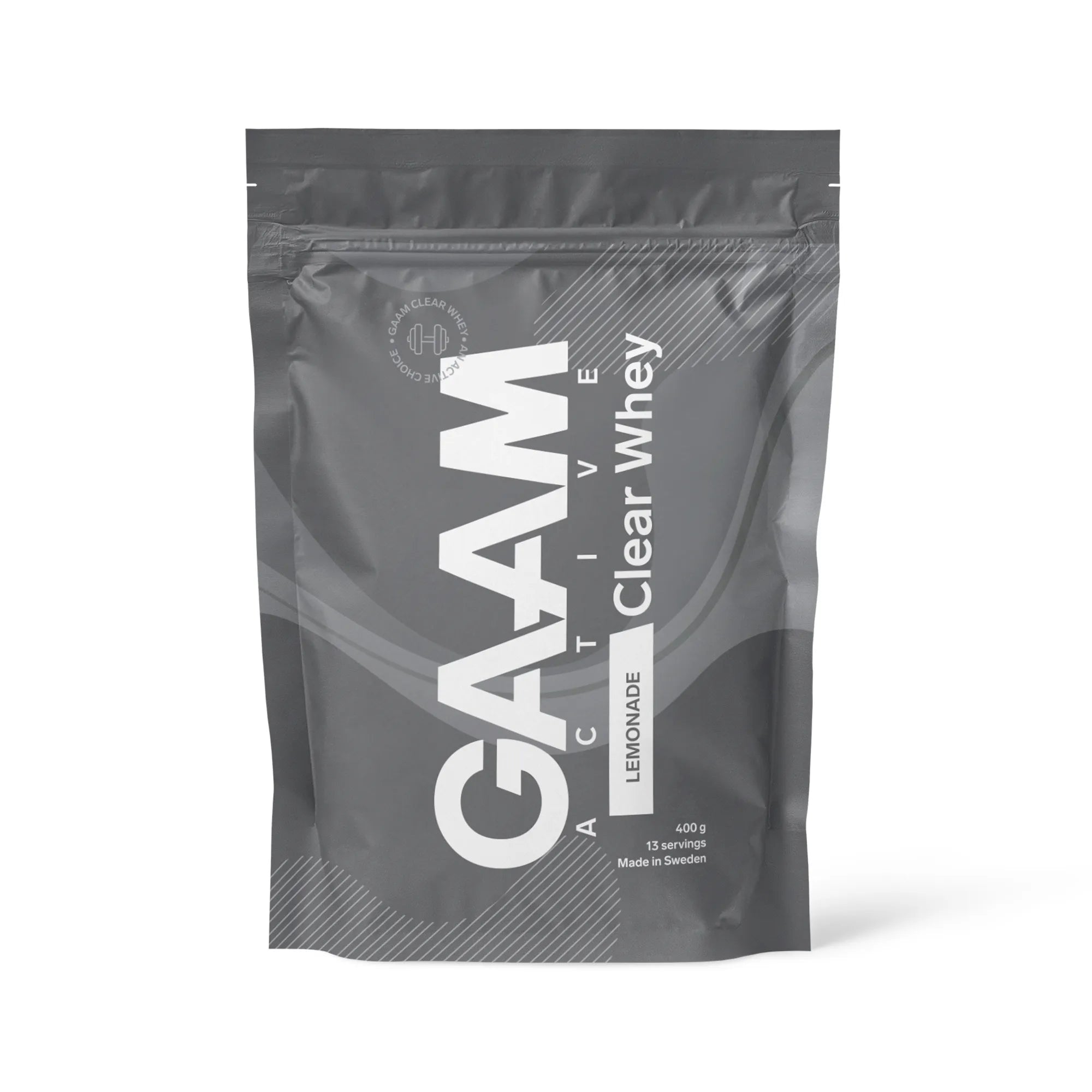 GAAM Active Clear Whey 400 g proteinpulver i en grå pose med hvite detaljer for smaken Lemonade., bilde 1 av 2