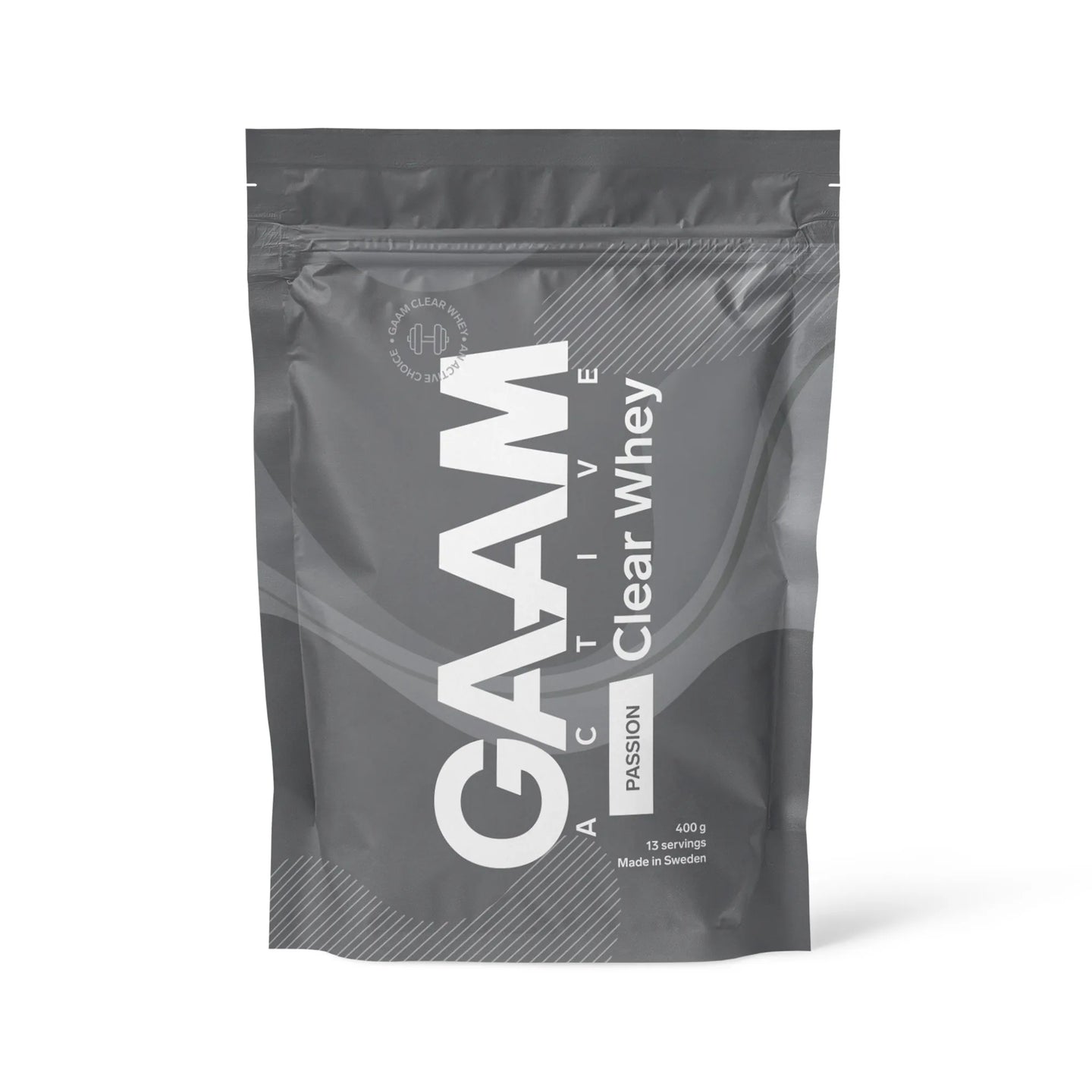 GAAM Active Clear Whey 400 g proteinpulver i en grå pose med hvit tekst for smaken Passion Fruit., bilde 2 av 2