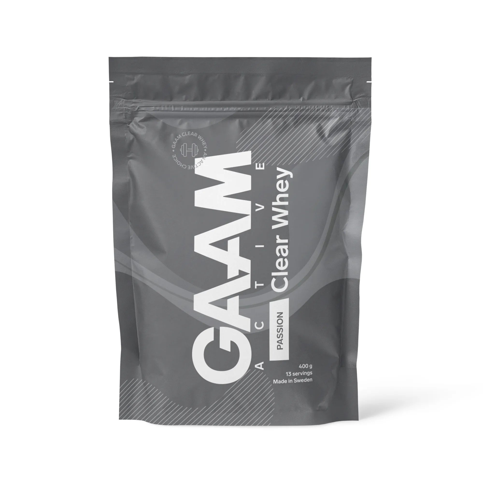 GAAM Active Clear Whey 400 g proteinpulver i en grå pose med hvit tekst for smaken Passion Fruit., bilde 2 av 2