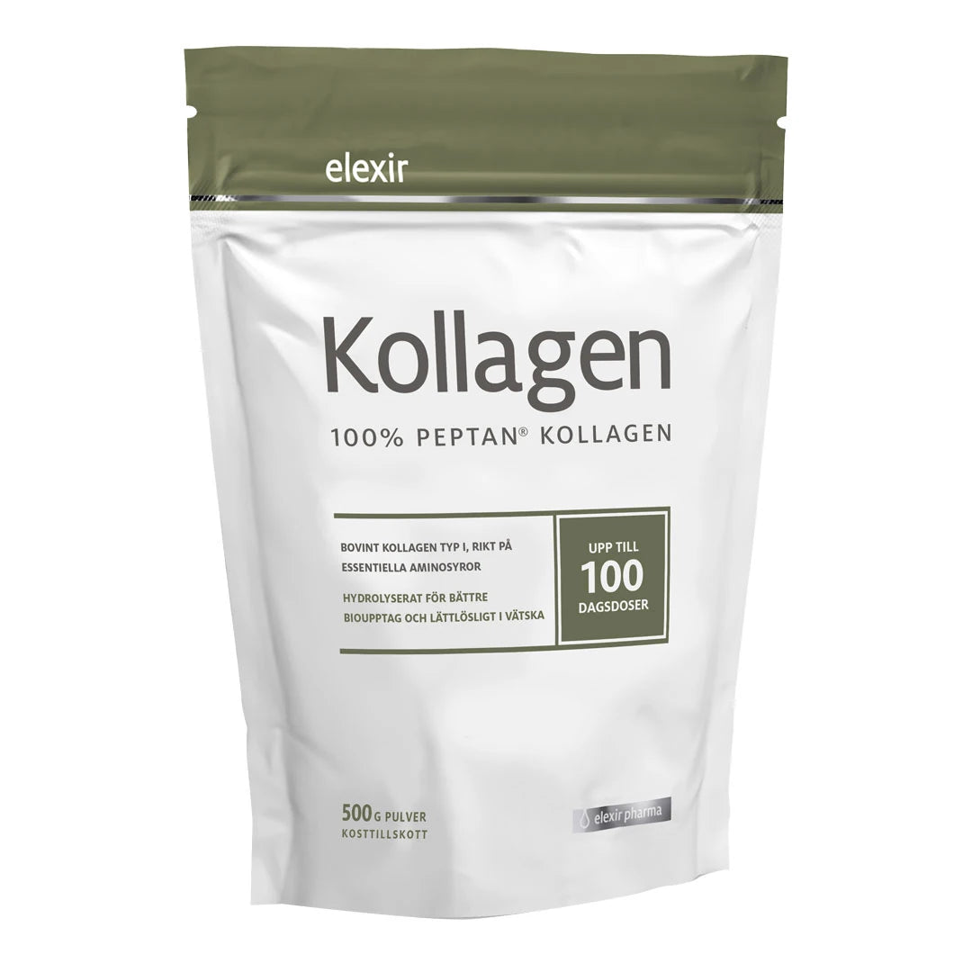 Elexir Pharma Kollagen 100% Peptan 500 g kosttilskudd i en hvit pose med olivengrønne detaljer.