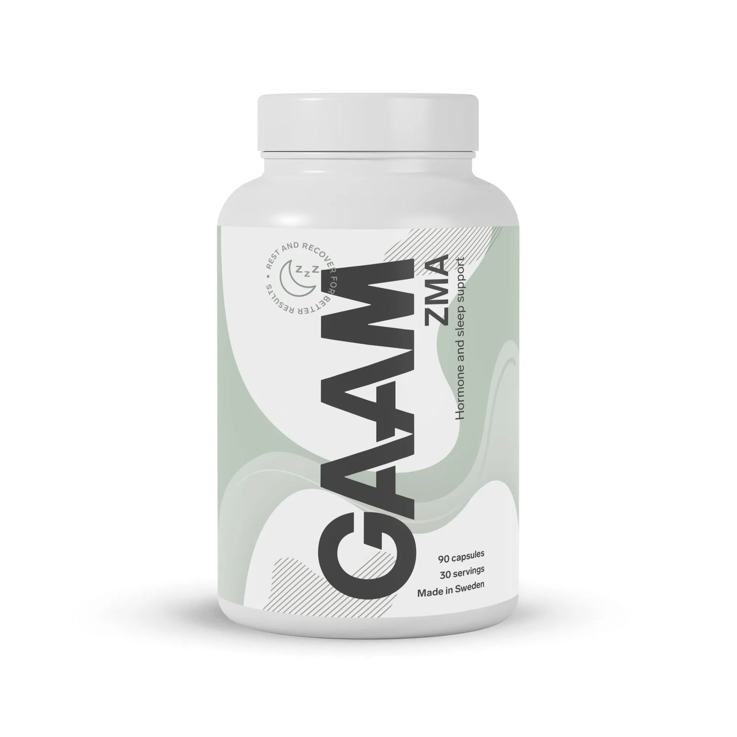 GAAM ZMA 90 caps kosttilskudd i en hvit boks med grågrønne detaljer, tilpasset for hormonbalanse og søvn.
