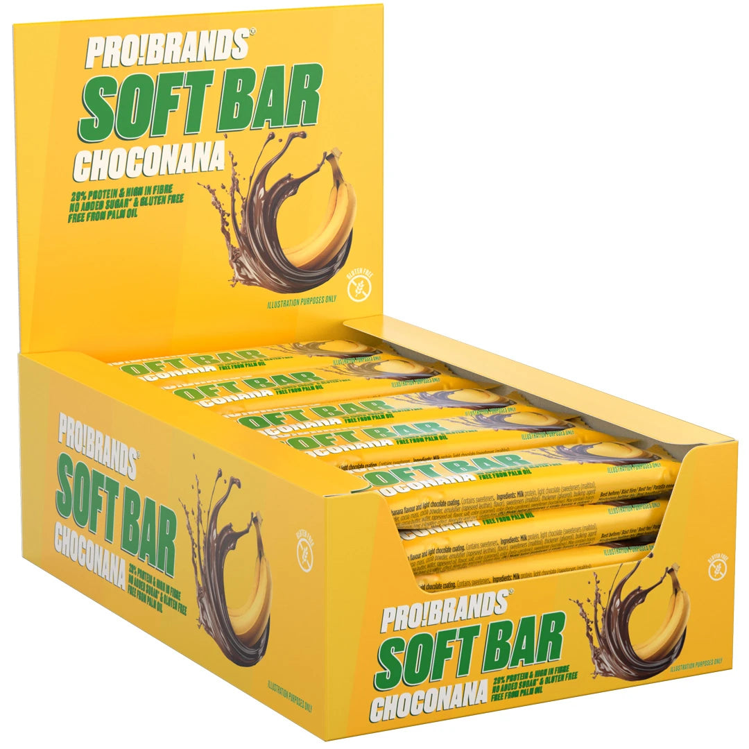 15 x Pro Brands Softbar 40 g Choconana i en gul eske fylt med matchende proteinbarer.